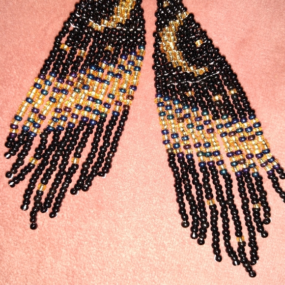 Night Sky Black Gold Crescent Moon and Stars Seed Beaded Earrings Long Celestial - Picture 4 of 7